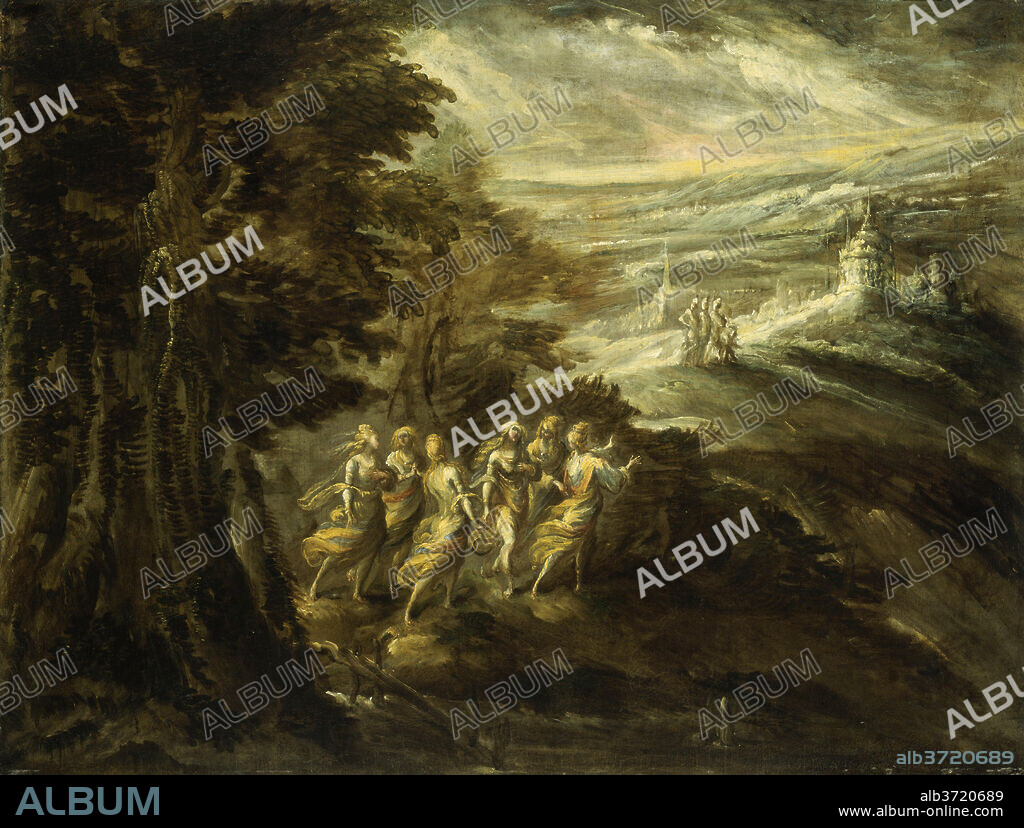 EMILIAN 16TH CENTURY. Fantastic Landscape with Figures. Dated: late 16th century. Dimensions: overall: 63.5 x 83.9 cm (25 x 33 1/16 in.)  framed: 84.9 x 104.8 x 6 cm (33 7/16 x 41 1/4 x 2 3/8 in.). Medium: oil on canvas.
