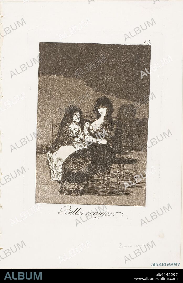 FRANCISCO DE GOYA. Pretty Teachings, plate 15 from Los Caprichos. Francisco José de Goya y Lucientes; Spanish, 1746-1828. Date: 1797-1799. Dimensions: 181 x 125 mm (image); 218 x 152 mm (plate); 301 x 207 mm (sheet). Etching and aquatint on ivory laid paper. Origin: Spain.