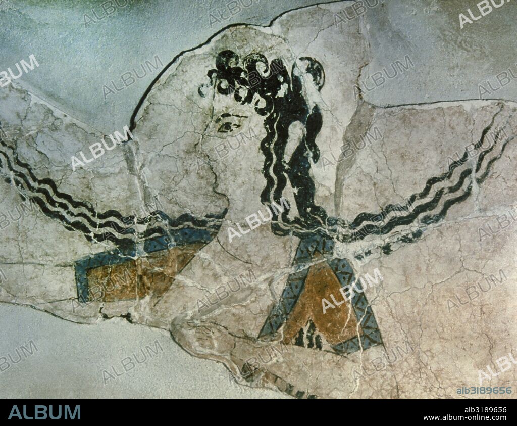 Minoan civilization. Knossos palace. Bronze Age. LM IB period. Dancing girl fresco, from the Queen's Megaron at Knossos, ca. 1500 BC. Non-acrobatic female upper torso and head, open bodice, tresses flying, arms up, probably dancing. Fresco. Crete. Archaeological Museum of Heraklion. Crete, Greece.