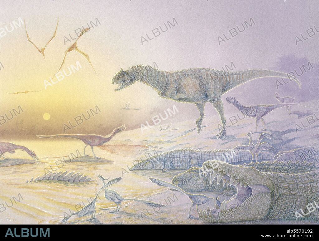 Mahajangasuchus insignis enjoy some dental treatment from Rahonavis ostromi (foreground). Masiakasaurus knopfleri are annoyed by the appearance of a mother Majungasaurus crenatissimus, as Phosphatodraco mauritanicus fly overhead (background).. Mixed media of watercolor pencil and acrylic paint on digital paint.