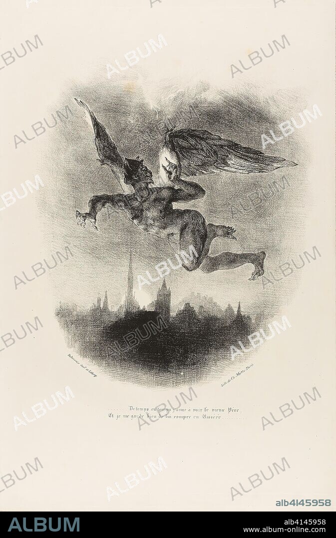 EUGENE DELACROIX. Mephistopheles Flying, from Faust. Eugène Delacroix; French, 1798-1863. Date: 1828. Dimensions: 280 × 239 mm (image); 427 × 283 mm (sheet). Lithograph in black on white wove paper. Origin: France.