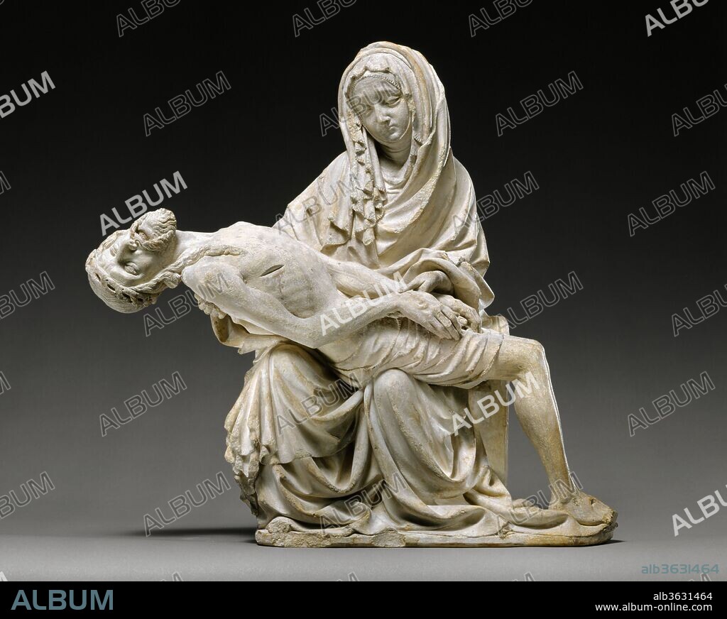 Pietà (Vesperbild). Culture: Bohemian. Dimensions: 15 x 15 3/8 x 5 1/2 in.  (38.1 x 39.1 x 14.0 cm). Date: ca. 1400.
Christian scripture does not mention a moment when Jesus' mother held his deceased body in her lap. Nonetheless, in the hands of theologians and then artists, this imagined moment became the focus of prayer and reflection. Here, the sculptor sets the emaciated, almost naked body of Jesus against the ample, enveloping robes of Mary, who grasps his thin wrist as if to check his pulse. The sculpture's poignancy surpasses the boundaries of Christianity to touch a nerve about the love of a mother for her son and the tragedy of an early death.
