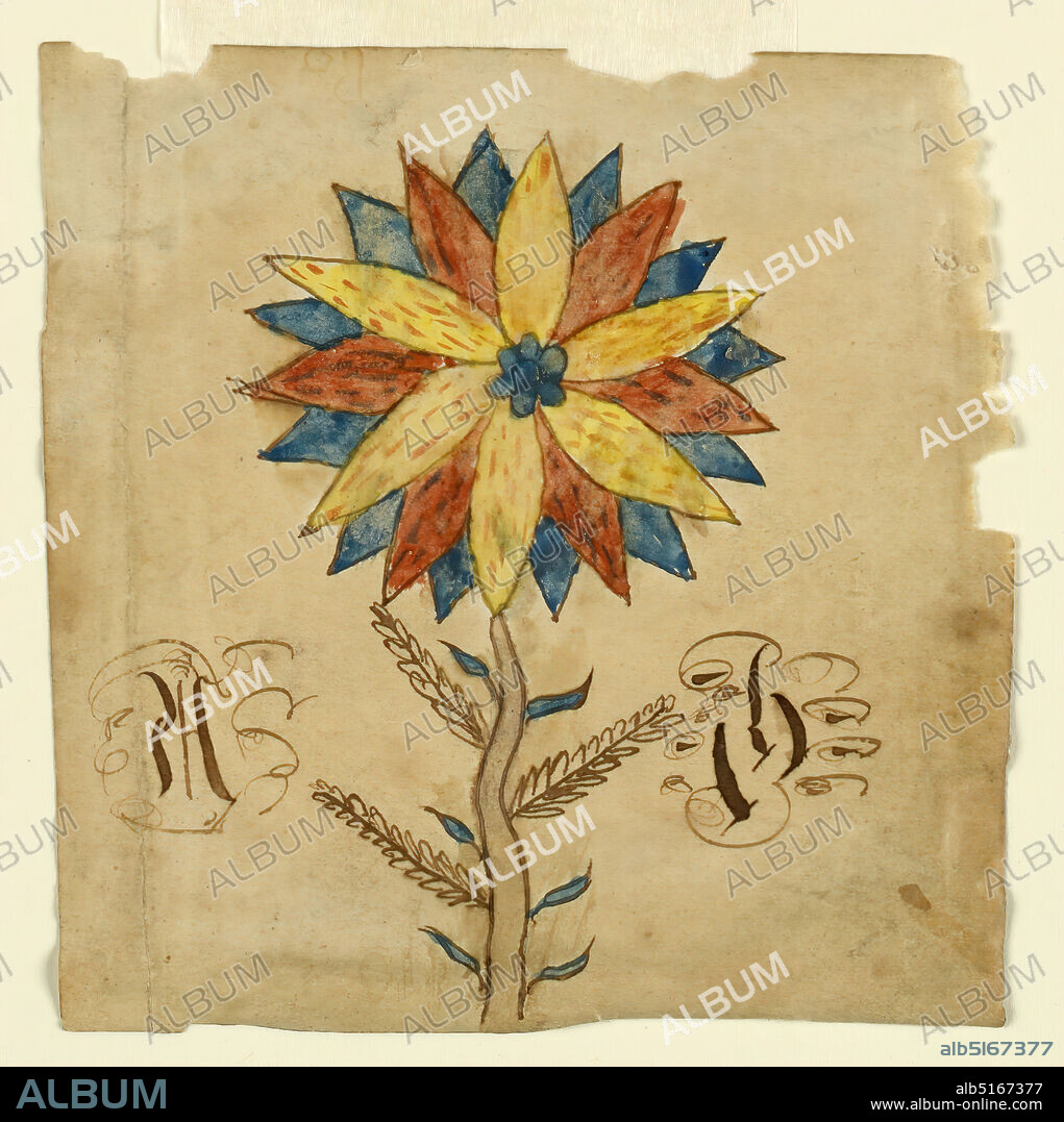 Fraktur: A Flower and Two Initials, Calligraphy in brown ink, brush and watercolor on paper, Sunburst flower with twenty-four petals; 6 yellow, 6 red, 12 blue, on a brown stem with brown and blue leaves. An initial on either side of the stem. Left one, on 'H'. Form known as 'bookmark'., Philadelphia, Pennsylvania, United States, Paris, France, 17801800, Calligraphy, Calligraphy.