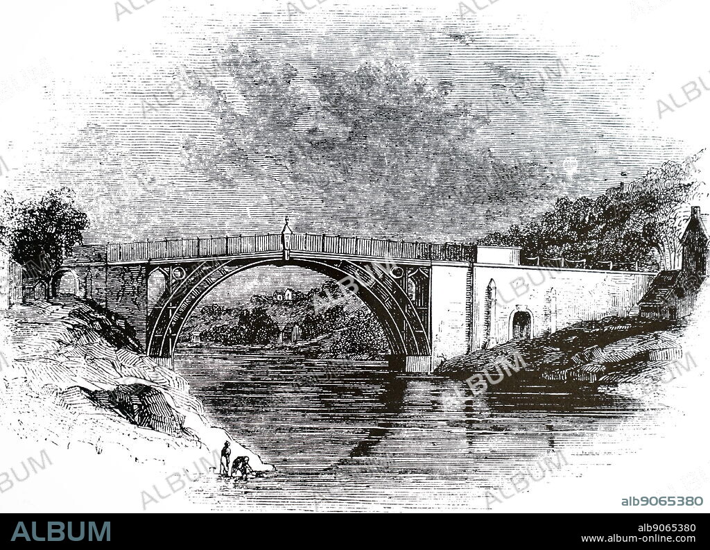 An engraving depicting Abraham Darby III's iron bridge in Coalbrookdale, Shropshire. Dated 19th century.