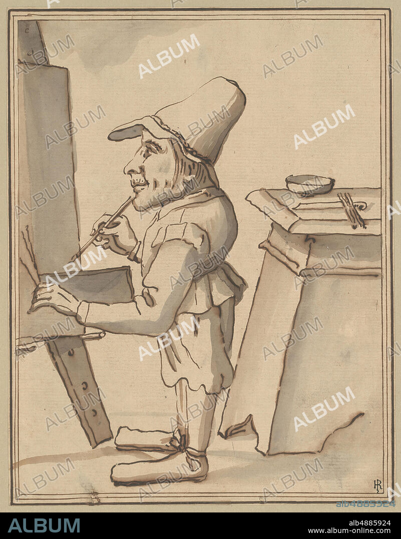 Tuscany, Caricature of a Dwarf Painter at His Easel, Italian, Tuscan(?), Tuscany (?), early 17th century, Italian, Tuscan(?), Pen and brown ink, gray and brown wash, 10 9/16 x 8 3/16 in. (26.8 x 20.8 cm), Drawings.