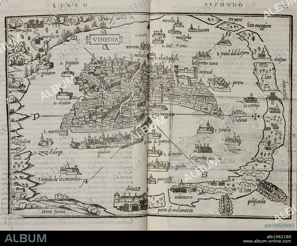 Map of the city state of Venice. Dated 1565. Lagoon and islands in Italy. . Vinegia. A map of Venice. Venitia, Italy. Published in 1565. Source: 10027.h.6 Fii. Language: Italian.