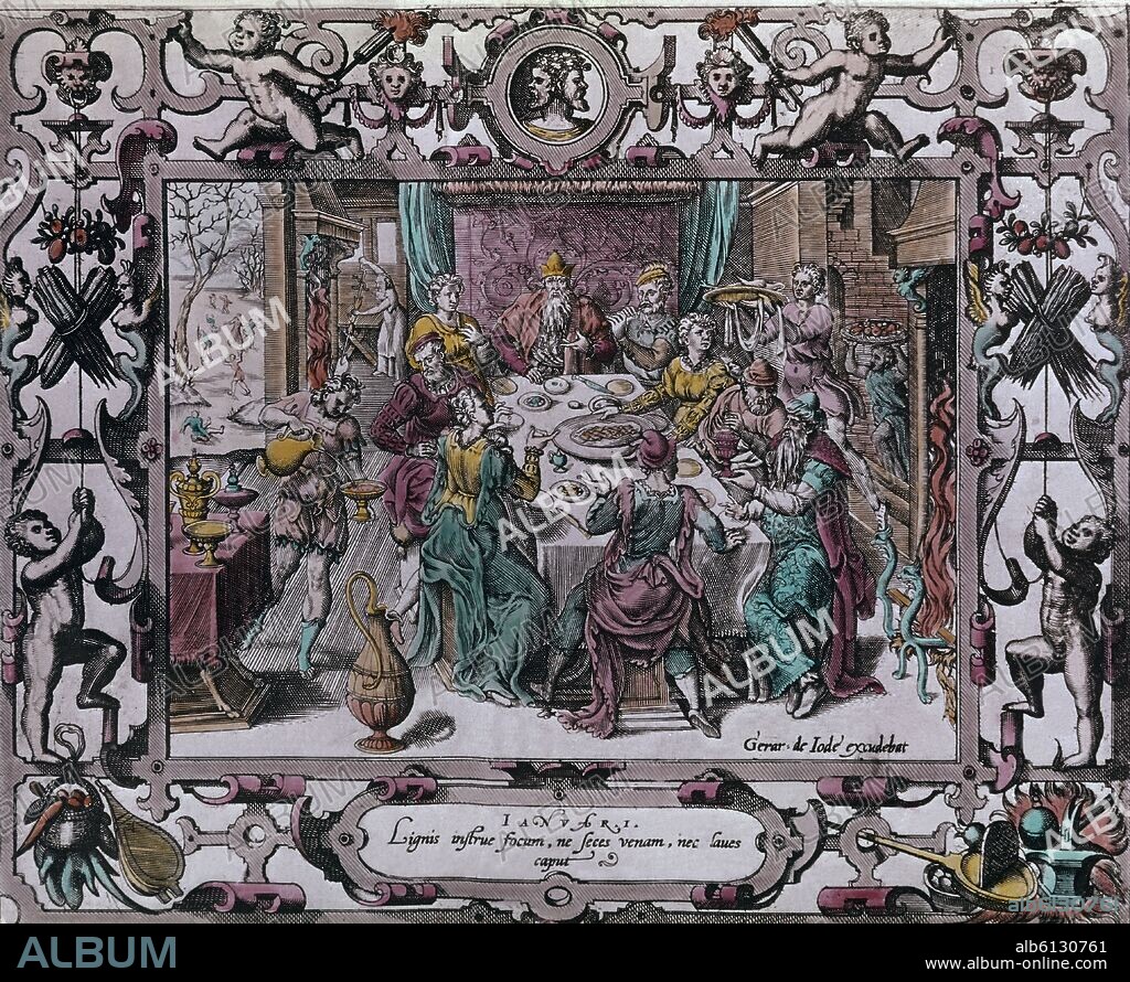GERARD DE JODE (1509-1591). BANQUETE - GRABADO CORRESPONDIENTE AL MES DE ENERO DE UN CALENDARIO DEL SIGLO XVI - GRABADO RENACENTISTA.