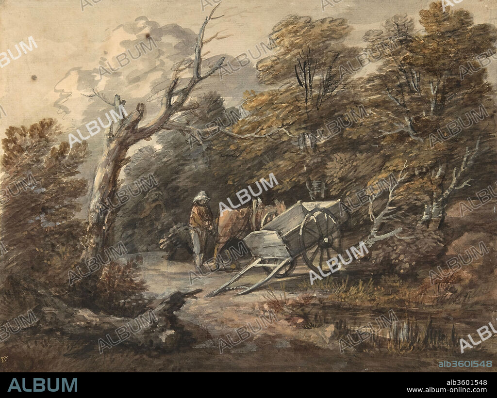 Woodland Scene with a Peasant, a Horse, and a Cart. Artist: Thomas Gainsborough (British, Sudbury 1727-1788 London). Dimensions: Sheet: 9 1/2 x 12 11/16 in. (24.1 x 32.2 cm). Date: ca. 1760.
This boldly drawn colored drawing belongs to a series executed in the 1760s, when Gainsborough lived in the spa town of Bath (1759-74). Drawings from that period use contrasts of light and shadow to make forms fresh and legible, and are among the artist's most highly finished. This sheet belongs to a group that the artist gave to Goodenough Earle, owner of Barton Grange, near Taunton, Somerset. Descending in the family, the drawings were sold in 1914 by Knoedler & Co., New York, mostly to American collectors.