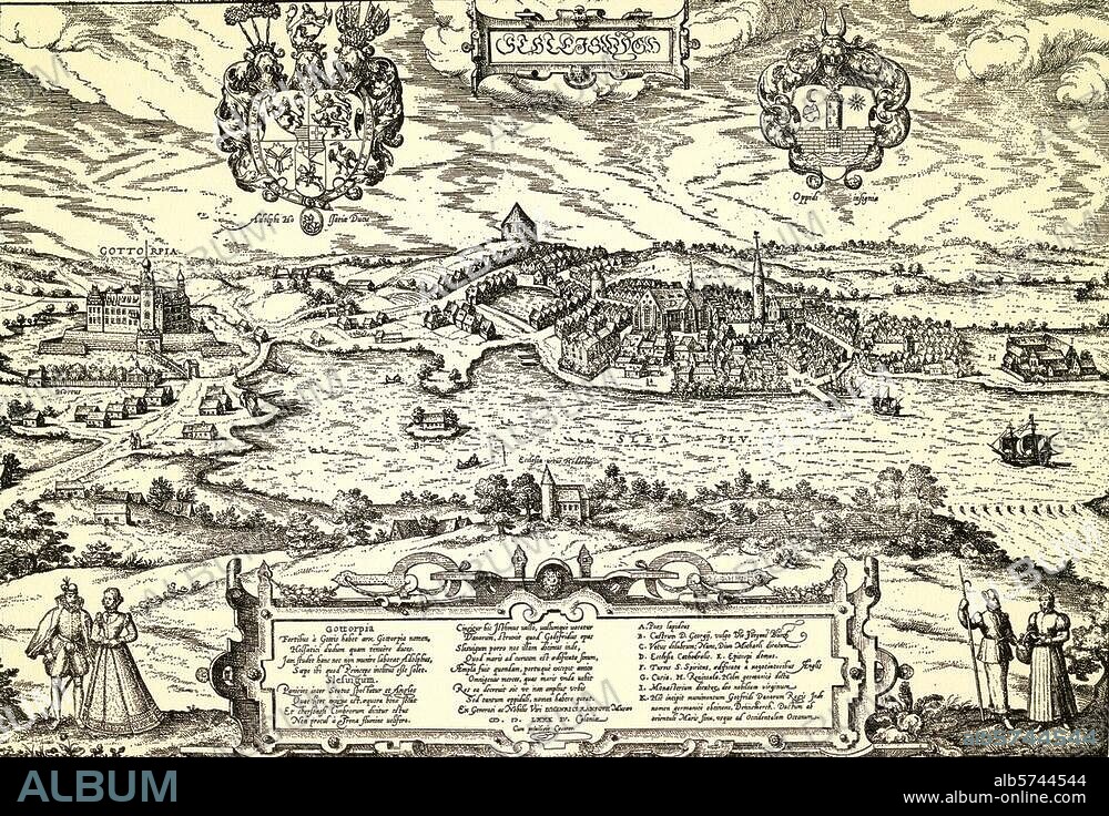 Schleswig (Schleswig-Holstein). "Schleswig". (Gesamtansicht der Stadt Schleswig mit Schloß Gottorf). Kupferstich. Aus: Georg Braun und Franz Hogenberg, Civitates orbis terrarum, Köln (Th. Grimineus) 1572-1618.