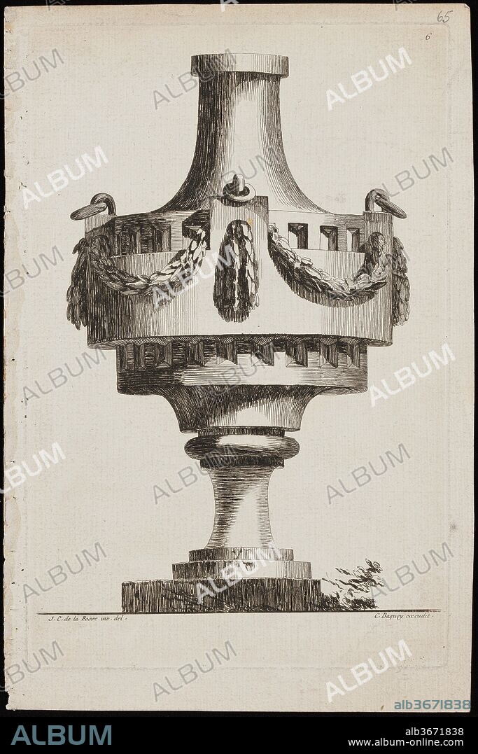 Design for a vase decorated with garlands. Artist: Designed by Jean Charles Delafosse (French, Paris 1734-1789 Paris); Etched by C. Baquoy (French, 18th century). Dimensions: sheet: 10 7/8 x 7 5/16 in. (27.7 x 18.5 cm)
image: 9 7/8 x 6 1/2 in. (25.1 x 16.5 cm). Date: 18th century.