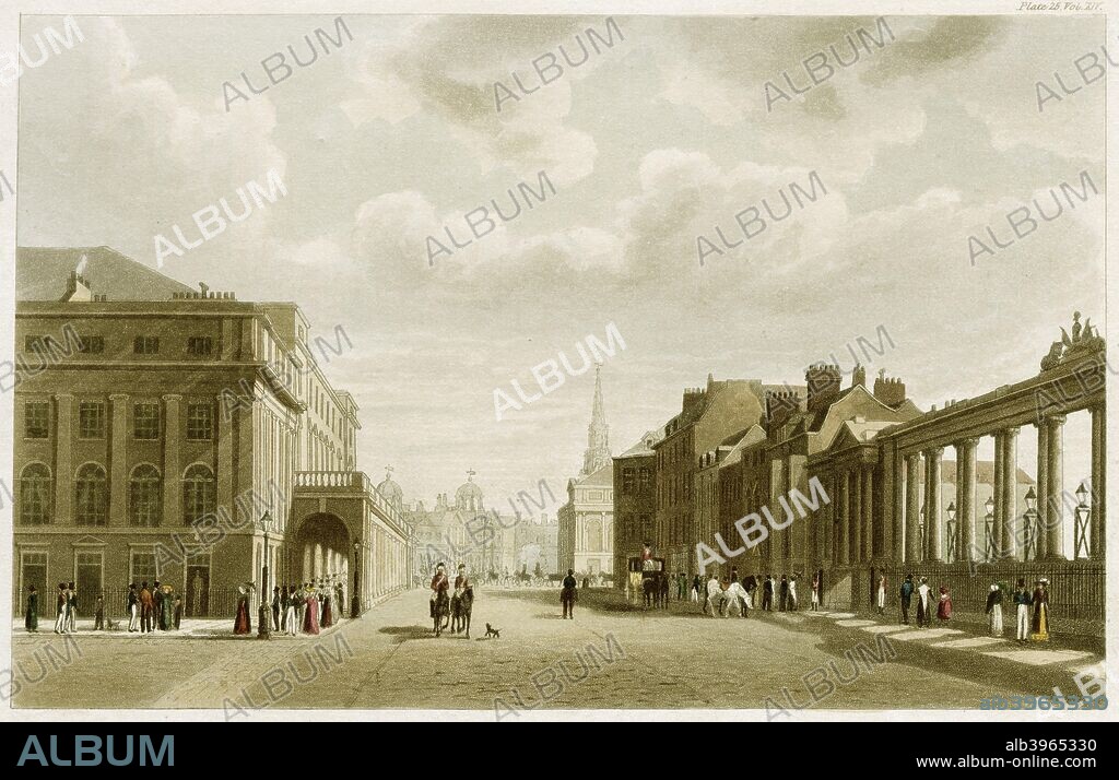 Pall Mall, London, 1822. View along Pall Mall with the ionic screen fronting Carlton House in the right hand foreground and the spire of St Martin in the Fields in the distance. The engraving is described as No 83 of Ackermann's Repository of Arts etc, Pub Nov 1 1822. From the Mayson Beeton Collection.