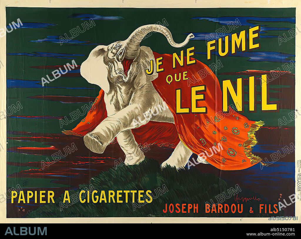 Imp. P. Vercasson & Cie, Leonetto Cappiello, Je ne fume que Le Nil - Papier a Cigarettes Joseph Bardou & Fils, Paper, Lithograph, Total: height: 122 cm; width: 149,5 cm, signed: recto u. r. in print: LCappiello, Produktwerbung (Plakate), Produkt- und Wirtschaftswerbung (Plakate), Elephant, Cigarette, Werbung, Reklame.