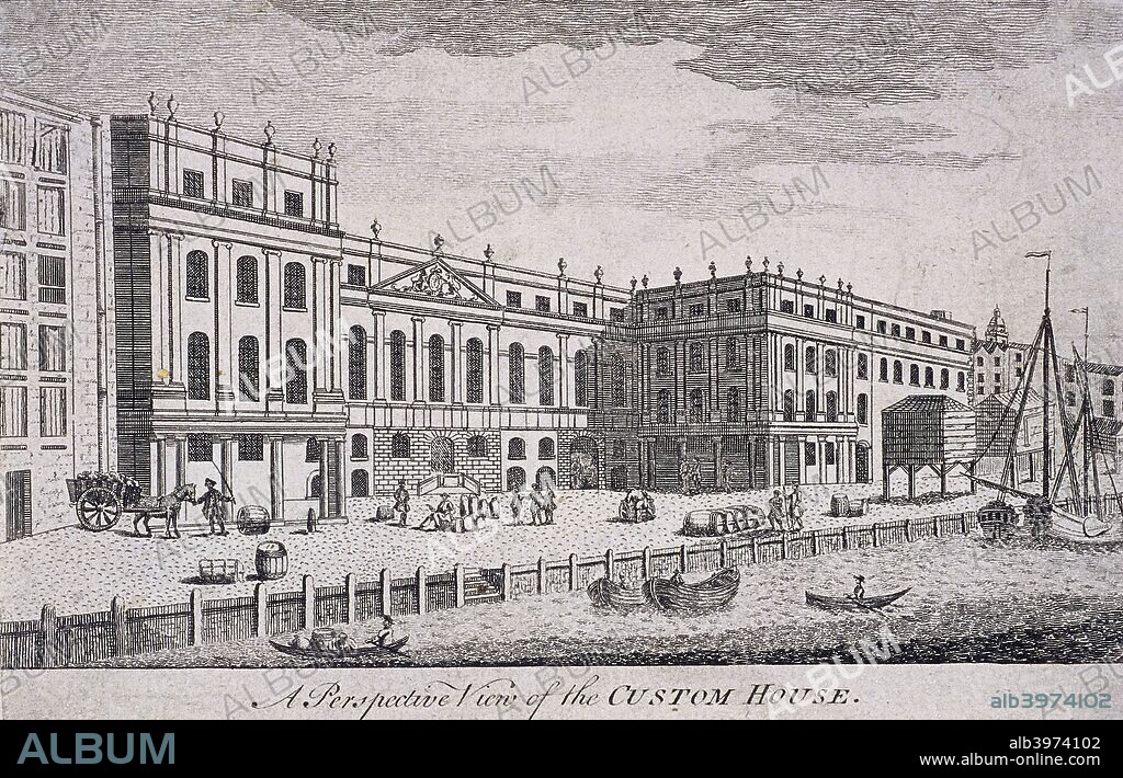 View of the Custom House from the quay with figures outside, London, 1800.