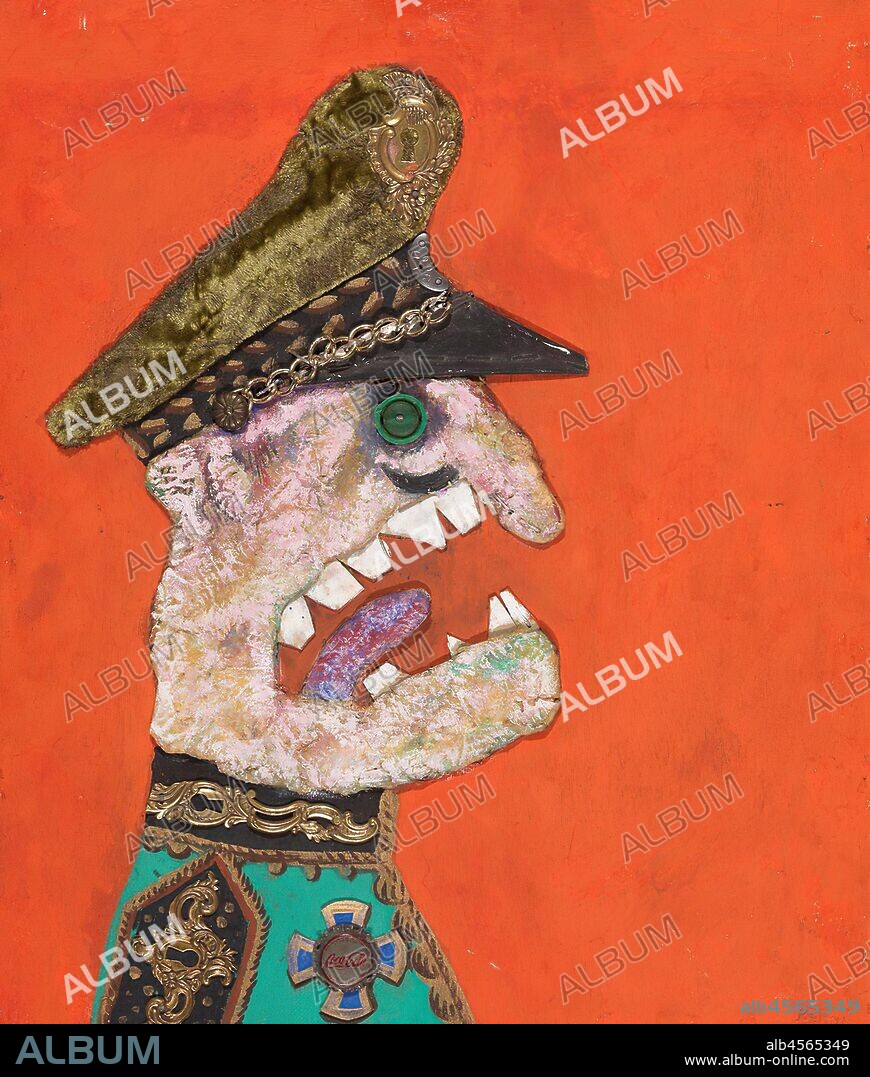 Antonio Berni, El coronel golpista, no. 3, 1966, oil, cardboard, plastic, and metals including bottle cap, tap shoe tips, gilded escutcheons, glue, and staples on plywood, Private Collection.