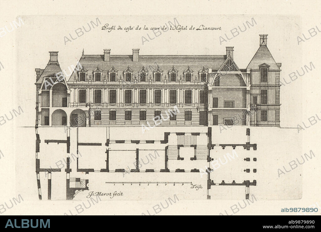 Profile of the courtyard side of the Hotel de Liancourt, a grand house or hotel particulier built by Salomon de Brosse and Jacques Lemercier for the Count of Liancourt, early 17th century. Demolished in 1825. Profil du coste de la cour de l'Hotel de Liancourt. Copperplate engraving drawn and engraved by Jean Marot from his Recueil des Plans, Profils et Elevations de Plusieurs Palais, Chasteaux, Eglises, Sepultures, Grotes et Hotels,Collection of Plans, Profiles and Elevations of Palaces, Castles, Churches, Tombs, Grottos and Hotels, chez Mariette, Paris, 1655.