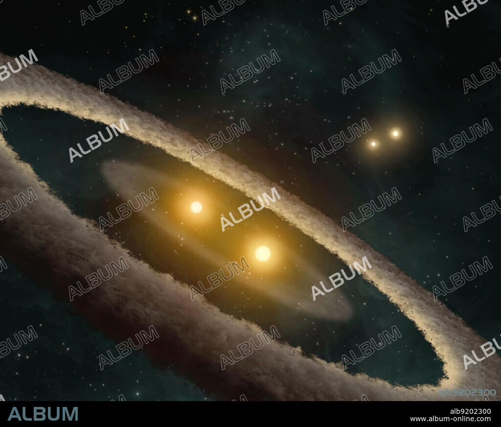 This artist concept depicts a quadruple-star system called HD 98800. The system is approximately 10 million years old, and is located 150 light-years away in the constellation TW Hydrae. HD 98800 contains four stars, which are paired off into doublets, or binaries. The stars in the binary pairs orbit and circle each other. One of the stellar pairs, called HD 98800B, has a disk of dust around it, while the other pair does not. Using NASA's Spitzer Space Telescope, scientists finally have a detailed view of HD 98800B's potential planet-forming disk. Astronomers used the telescope's infrared spectrometer to detect the presence of two belts in the disk made of large dust grains. One belt sits approximately 5.9 AU away from the central binary, or about the distance from the sun to Jupiter, and is likely made up of asteroids and comets. The other belt sits at 1.5 to 2 AU, comparable to the area where Mars and the asteroid belt sit, and is made up of sand-sized dust grains.In the white region, the two bright areas (the "eyes of the ghost") - named A1 (left) and A2 (right) -- are very hot, glowing "blobs" of hydrogen and oxygen. The bubble in A1 is produced by the hot, intense radiation and powerful stellar wind from one massive star. A2 contains more dust and several hidden, massive stars. The massive stars in A1 and A2 must have formed within the last 10,000 years, since their natal gas shrouds are not yet disrupted by the powerful radiation of the newborn stars.