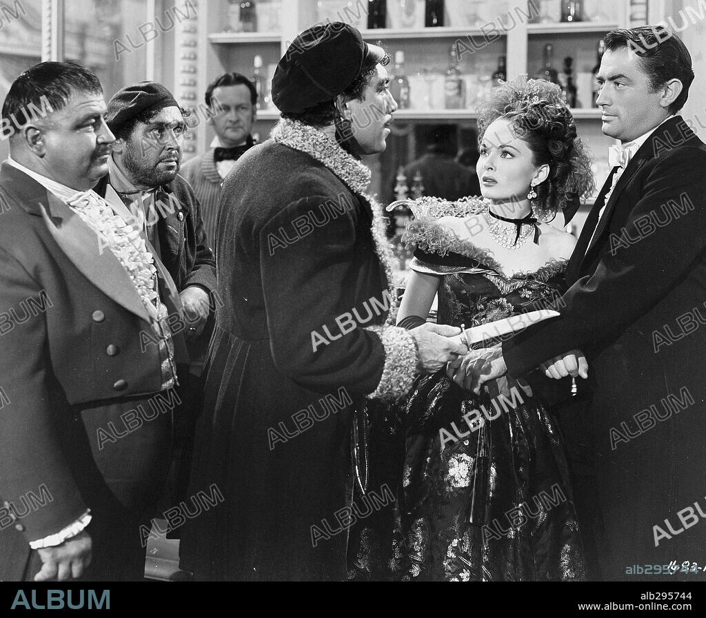 ANN BLYTH, ANTHONY QUINN y GREGORY PECK en EL MUNDO EN SUS MANOS, 1952 (THE WORLD IN HIS ARMS), dirigida por RAOUL WALSH. Copyright UNIVERSAL PICTURES.
