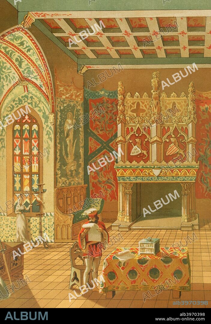 Europa. Edad Media. Sociedad feudal (siglos IX-XV). Interior del salón de un castillo feudal. Cromolitografía. La Civilización, Tomo III, 1882. Biblioteca Histórico Militar de Barcelona. Cataluña, España.