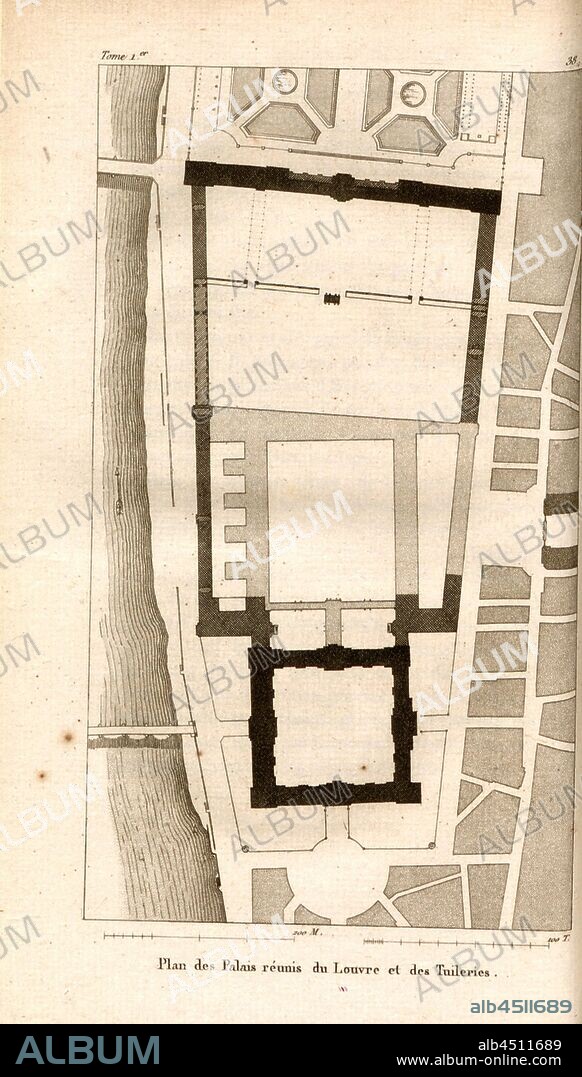 Map of the Louvre and Tuileries combined palaces, Plan of the Louvre and Tuileries Palace, 38, p. 298, p. 380, J. G. Legrand; C. P. Landon: Description de Paris et de ses édifices: avec un précis historique et des observations sur le caractère de leur architecture, et sur les principaux objets d'art et de curiosité qu'ils renferment. Seconde édition, corrigée avec soin dans toutes ses Parties, et considérablement augmentée. Bd. 1. Paris. Strasbourg. Treuttel et Würtz, 1818.