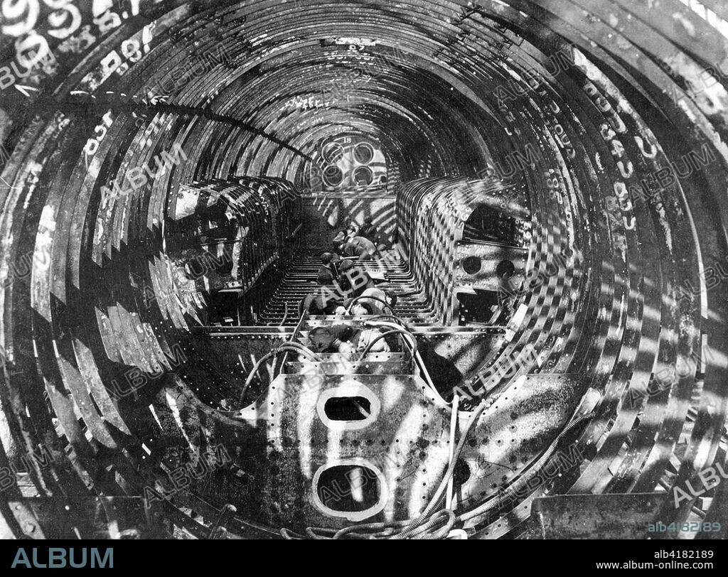Interior view of a British Navy submarine under construction, Clyde and Newcastle.