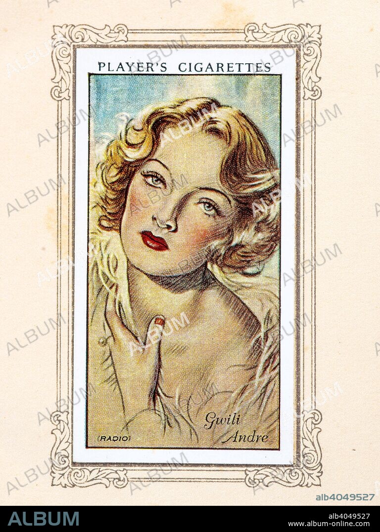 Gwili Andre, 1934. Gwili Andre (4 February 1908 - 5 February 1959) was a Danish model and actress who had a brief career in Hollywood films. From An Album of Film Stars; Second Series issued by John Player & Sons. [Imperial Tobacco & Co Ltd, 1934].
