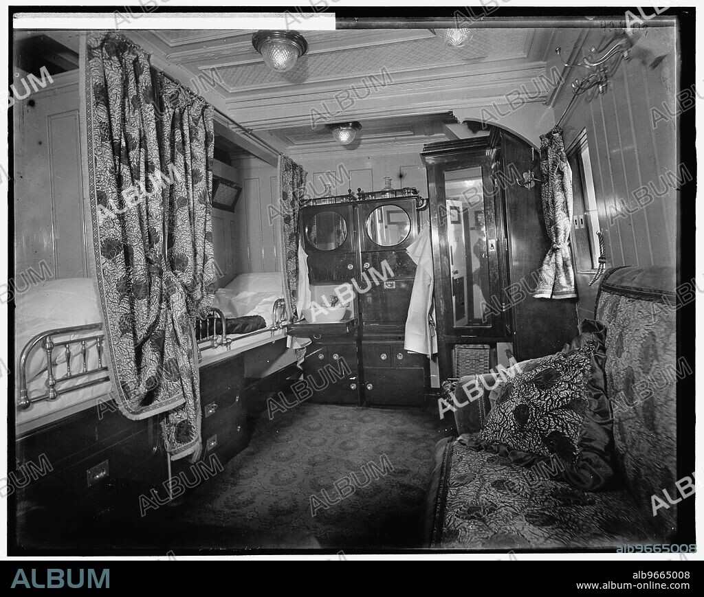 Interior of S.S. Prinzessin Victoria Luise, a stateroom, between 1900 and 1910. The 'Prinzessin Victoria Luise' German passenger ship of the Hamburg-America Line, credited with having been the first purpose-built cruise ship, launched in 1900.