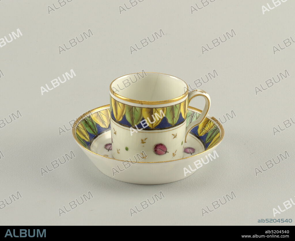 Cup and Saucer, porcelain, vitreous enamel, gold, Cylindrical cup with slightly scrolled handle. Saucer flat, with flaring edge. Decorated in gold and thick overglaze enamel. Band of half leaves about edge of cup and saucer., Italy, ca. 1800, ceramics, Decorative Arts, cup and saucer, cup and saucer.