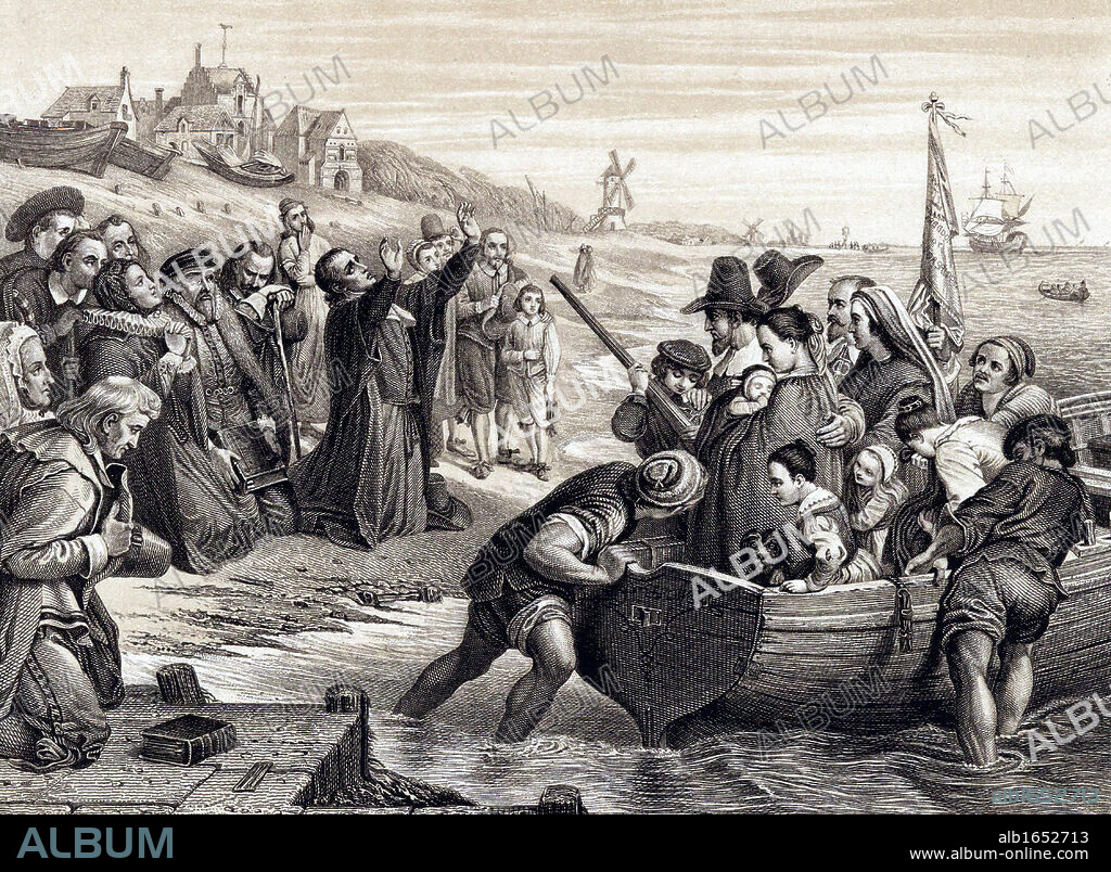 Pilgrim Fathers, members of English Separatist Church sect of Puritans,  leaving Delft Haven on their voyage to America July 1620. 1878 engraving after fresco by CW Cope.