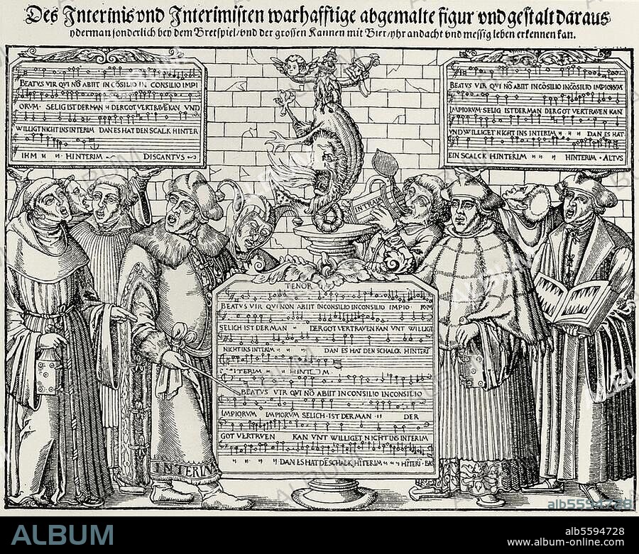 MONOGRAMMIST B P. Augsburg Interim (Imperial law by Charles V regarding the issue of religion during the Imperial Diet, 1548). "Caricature of the Interim". Woodcut, c. 1550, monogramm BP. Magdeburg (Pankratius Kempff), undat. (lamenting clergymen worship the Interim draggon with three heads (pope, Turk & angle), below words of Psalm 1).