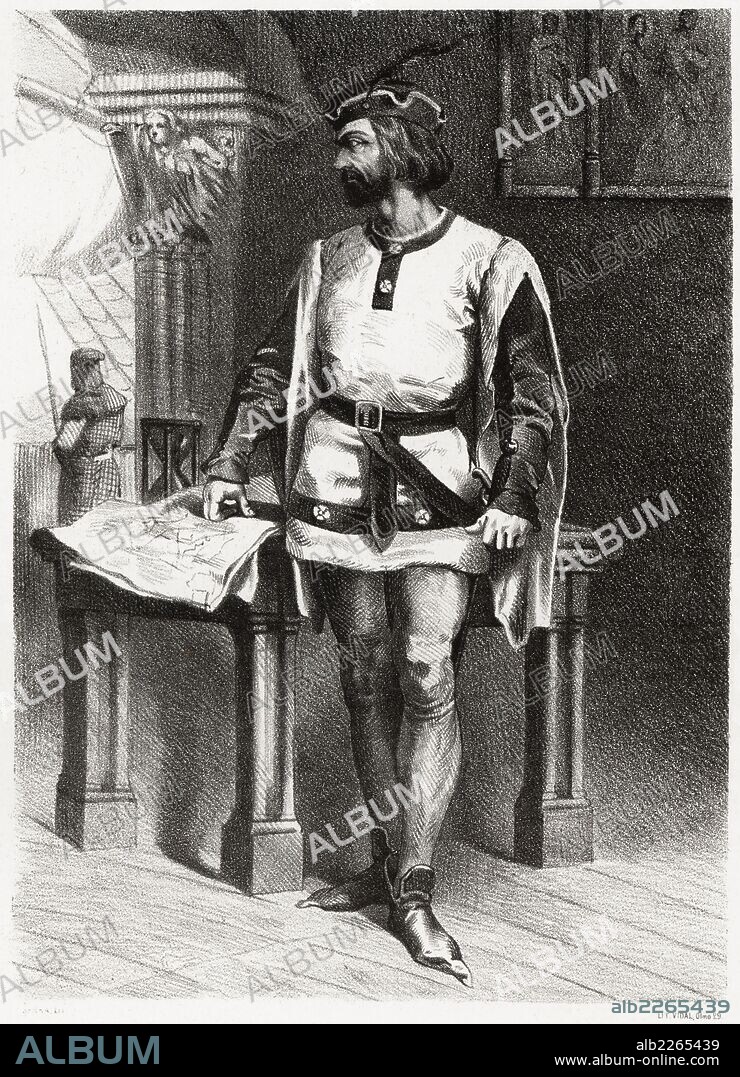 Historia de España. Don Alonso Jofre Tenorio (1292-1340), almirante de la armada castellana. Grabado de 1872.