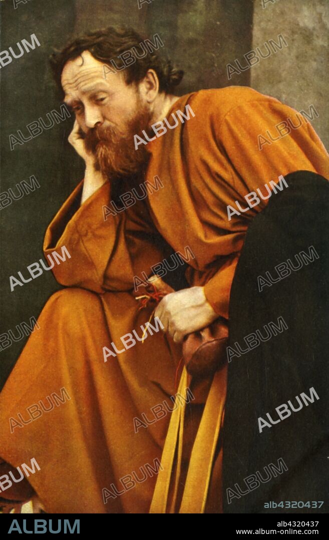 HENRY TRAUT. Judas, 1922. Guido Mayr as Judas with the purse containing the thirty pieces of silver: player in the Oberammergau Passion Play. The play is performed every 10 years, on open-air stages, by the inhabitants of the village of Oberammergau in Bavaria, Germany. First staged in 1634, the play tells the story of Jesus' passion, culminating in his crucifixion. The event has become a tourist attraction, with audiences coming from all over the world. Official postcard of the 1922 Oberammergau Passion Play. [F. Bruckmann, Munich, Germany, 1922].