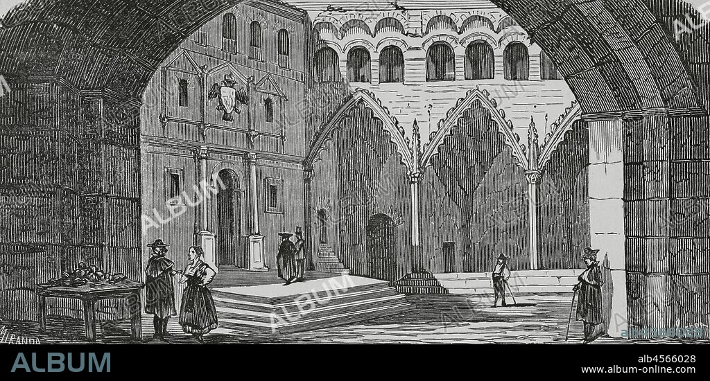 España. Aragón. Provincia de Teruel. Alcañiz. Pórticos de la Plaza (actual Plaza España). Dibujo por Fernando Miranda. Grabado por Sierra. Crónica General de España, Historia Ilustrada y Descriptiva de sus Provincias. Aragón, 1866. Biblioteca Histórico Militar de Barcelona, Cataluña, España.