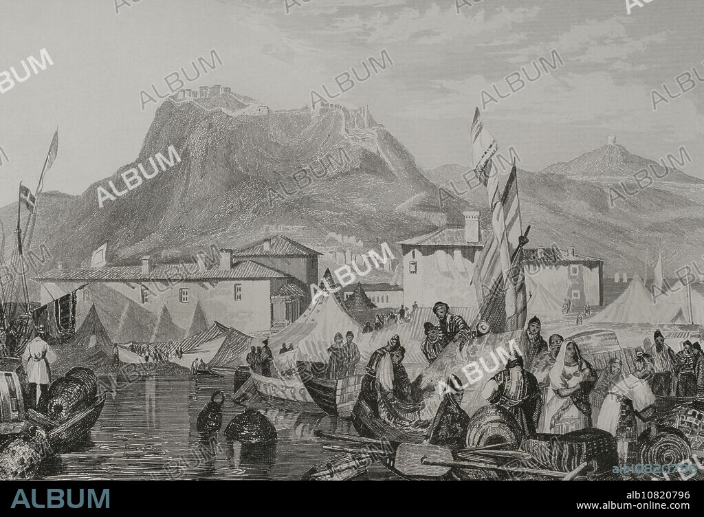 Grecia. Corinto. Puerto de Céncreas. Grabado por Aubert. "La Tierra Santa y los lugares recorridos por los profetas, por los apóstoles y por los cruzados". Publicada en Barcelona, imprenta de Joaquín Verdaguer, 1840.