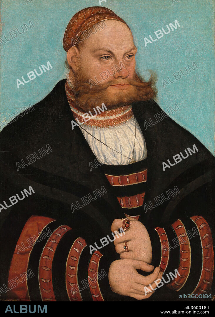 Lukas Spielhausen. Artist: Lucas Cranach the Elder (German, Kronach 1472-1553 Weimar). Dimensions: 20 x 14 3/8 in. (50.8 x 36.5 cm). Date: 1532.
The sitter, who wears the black-and-yellow striped dress of high-ranking members of the electoral court of Saxony, may be identified by the initials LS on the signet ring as Lukas Spielhausen, who was by 1531 a lawyer in the state judicial curia under Johann I, the Constant. His age of approximately thirty-nine in 1532, the date of the painting, is compatible with the sitter's appearance. The lively pattern of colors and interplay of curves in the costume and the contrast between the man's tightly bundled hair and his expansively projecting mustache and beard give this portrait a striking visual impact.