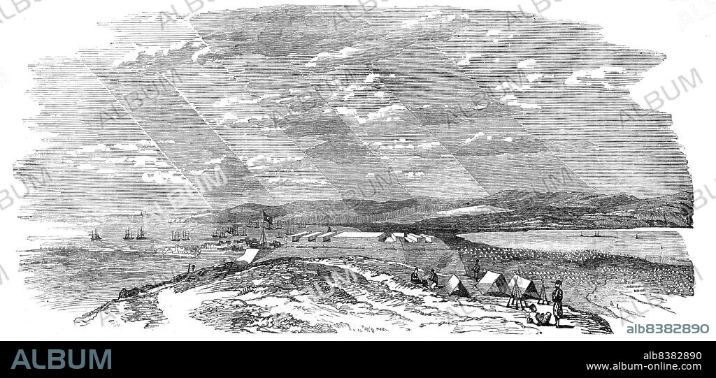 The Allied Fleets and Armies at Varna, 1854. Crimean War: warships on the Black Sea, off the Bulgarian coast. '...the Allied Fleets and Armies at Varna, sketched on June 24. The scene is deeply interesting. In the bay, part of the English, French, and Turkish Fleets are lying at anchor; dozens of English and French transports are also there. The Allied Army lies encamped on the plains near Varna, looking over the fresh water Lake of Devna. The whole force of the Allied Army approaches 50,000. The best feeling prevails among the officers and men on both sides; and all are now only waiting for the word to advance. The View is taken from a Turkish fort, at a short distance from Varna'. From "Illustrated London News", 1854.