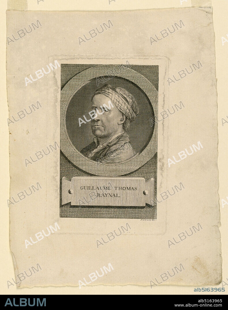 Portrait of Guillaume Thomas Raynal (1713-1796), Francois G. Lardy, Engraving on paper, The portrait, shoulder-length, is in three-quarter view towards left. It is inserted in a circle with a simple frame, which is surrounded by a vertical rectangular field to which is fastened a plaquette, under the portrait, isncribed: 'Guillaume Thomas Raynal'; lower right: 'F.G. Lardy Direx.', Switzerland, ca. 1790, Print, Print.