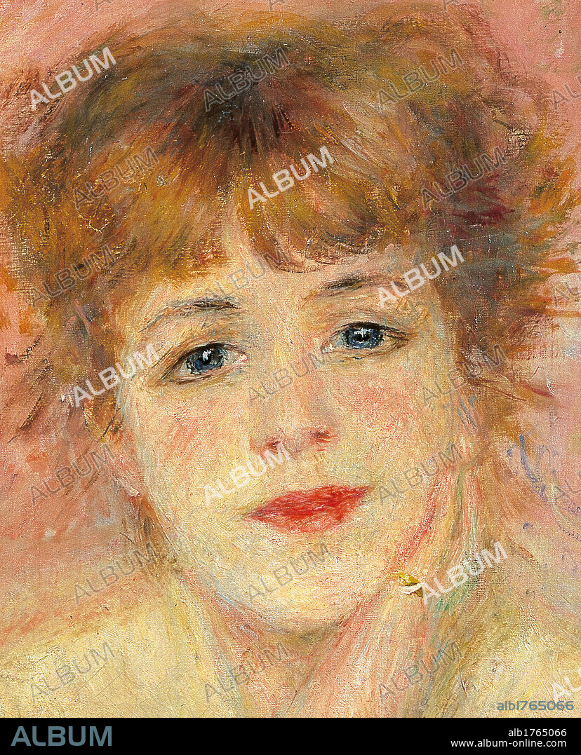 Portrait of the Actress Jeanne Samary, by Pierre-Auguste Renoir, 1877, 19th Century, oil on canvas, cm 56 x 47. Russia, Moscow, Pushkin Museum. Detail. Woman young face ring.