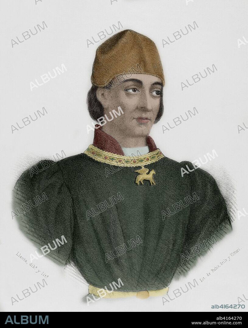Carlos de Viana (1421-1461). Infante de Aragón y Navarra, príncipe de Viana y de Gerona, duque de Gandía y de Montlanc, y rey titular de Navarra como Carlos IV (1441-1461). Dibujo por Llanta. Litografía. Coloreada. Crónica General de España, Historia Ilustrada y Descriptiva de sus Provincias. Cataluña, 1866.