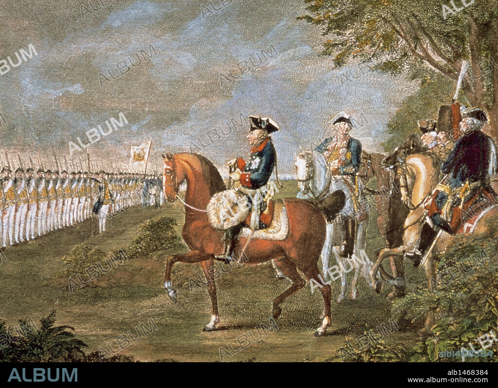 Frederick II the Great (1712-1786). King of Prussia (1740-1786). PARADE OF TROOPS BEFORE FEDERICO II. Engraving by CHODOWIECKI Daniel (1777).