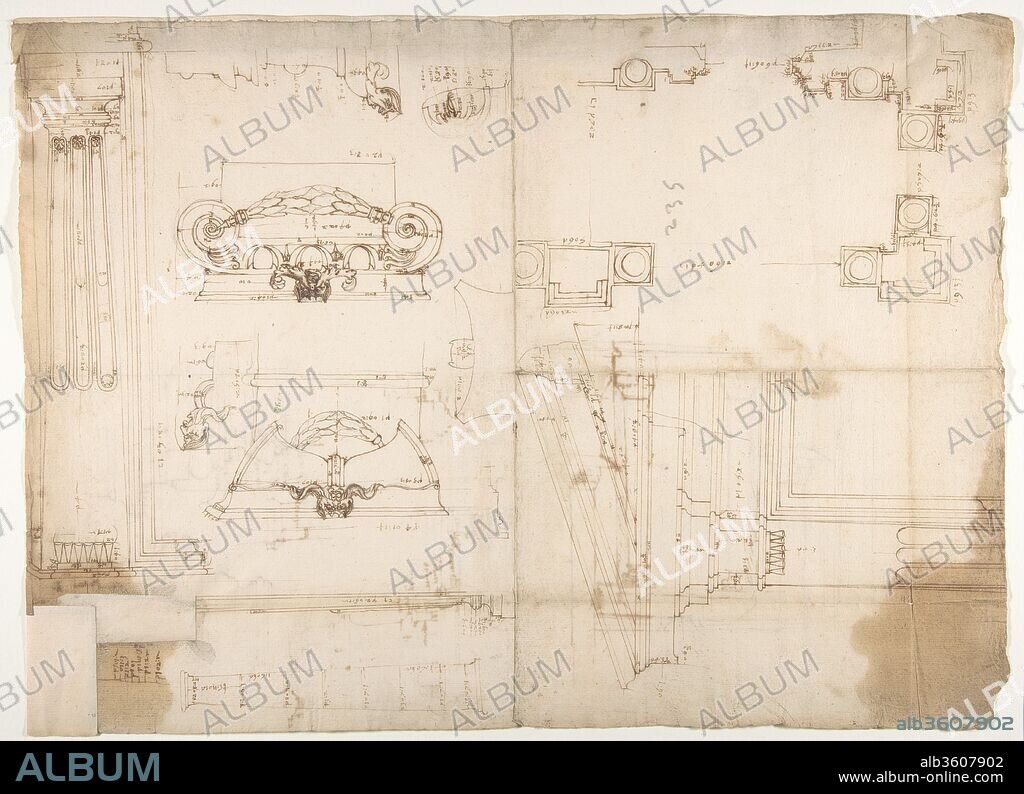 Palazzo dei Conservatori, portico, plan; portal, elevation; details, elevations (recto) Palazzo dei Conservatori, portico, elevation; details, profiles (verso). Dimensions: sheet: 13 9/16 x 18 7/8 in. (34.5 x 48 cm). Draftsman: Drawn by Anonymous, French, 16th century. Date: early to mid-16th century.