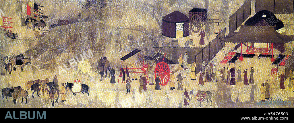 Cai Wenji was born shortly before 178 CE in what is now Qi County, Kaifeng, Henan. In 195, the chaos after Chancellor Dong Zhuo's death brought Xiongnu nomads into the Chinese capital and Cai Wenji was taken as prisoner to the northern lands. During her captivity, she became the wife of the Xiongnu chieftain Liu Bao and bore him two sons. It was not until twelve years later that Cao Cao, the new Chancellor of Han, ransomed her in the name of her father. When Cai Wenji returned to her homeland, she left her children behind at the frontier. The reason Cao Cao needed her back, was that she was the only one remaining of her clan and he needed her to placate the spirits of her ancestors. Cai Wenji's father Cai Yong was an established writer, but his works were lost in the ravages of war. At Cao Cao's request, Cai Wenji was able to recite from memory up to four hundred out of four thousand of her father's lost works. Later in her life, she wrote two poems describing her turbulent years. Her year of death is unknown. Contemporary (20th century) painting.