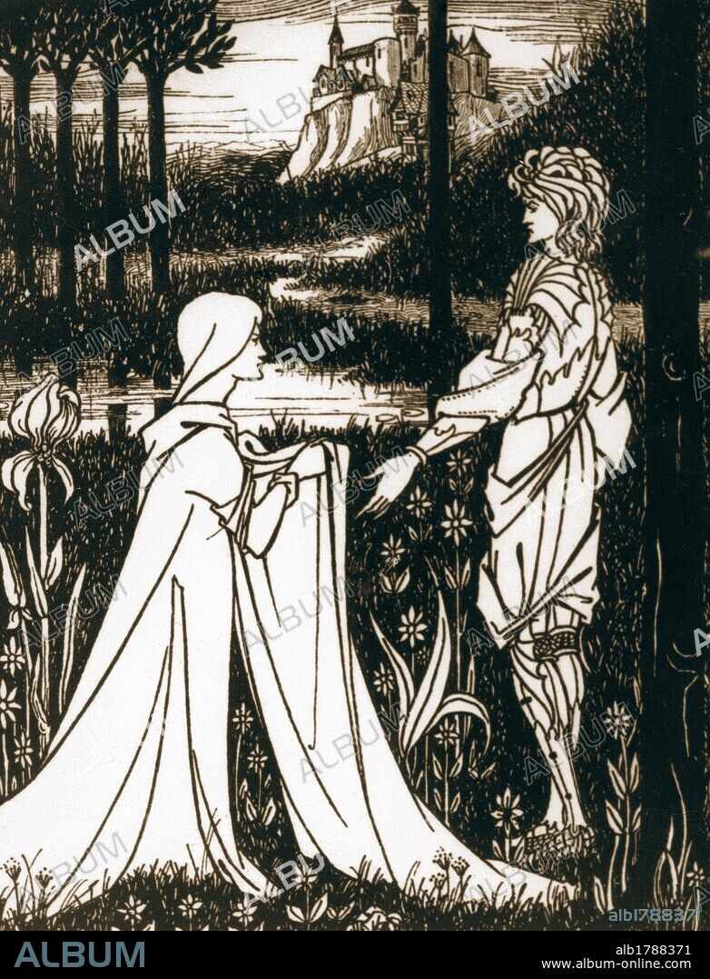 AUBREY BEARDSLEY. Arthurian legend. King Arthur and the Lady of the Lake. Engraving. 19th century.