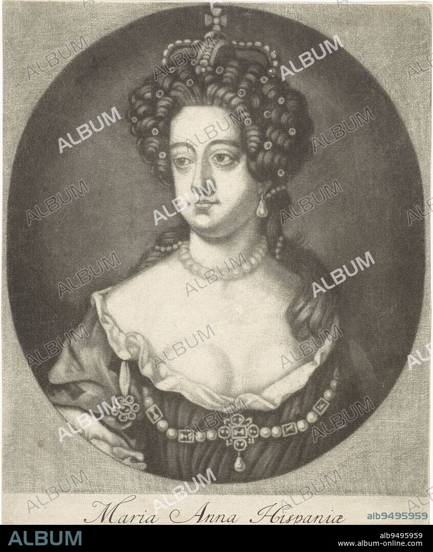 Mary Anna of Palatinate-Neuburg, Queen of Spain, wearing a crown Around the neck she wears a pearl necklace, Portrait of Maria Anna, Queen of Spain, print maker: Matthijs van Marebeek, (mentioned on object), publisher: Matthijs van Marebeek, (mentioned on object), Amsterdam, 1670 - 1699, paper, engraving, h 190 mm × w 140 mm.