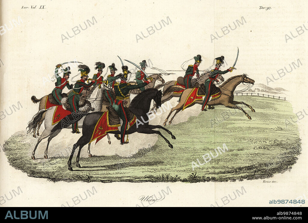 Lancers or Uhlan light cavalry in the (German) Imperial Army, 19th century. Ulani. Handcoloured copperplate engraving by Antonio Verico from Giulio Ferrarios Costumes Ancient and Modern of the Peoples of the World, Il Costume Antico e Moderno, Florence, 1844.