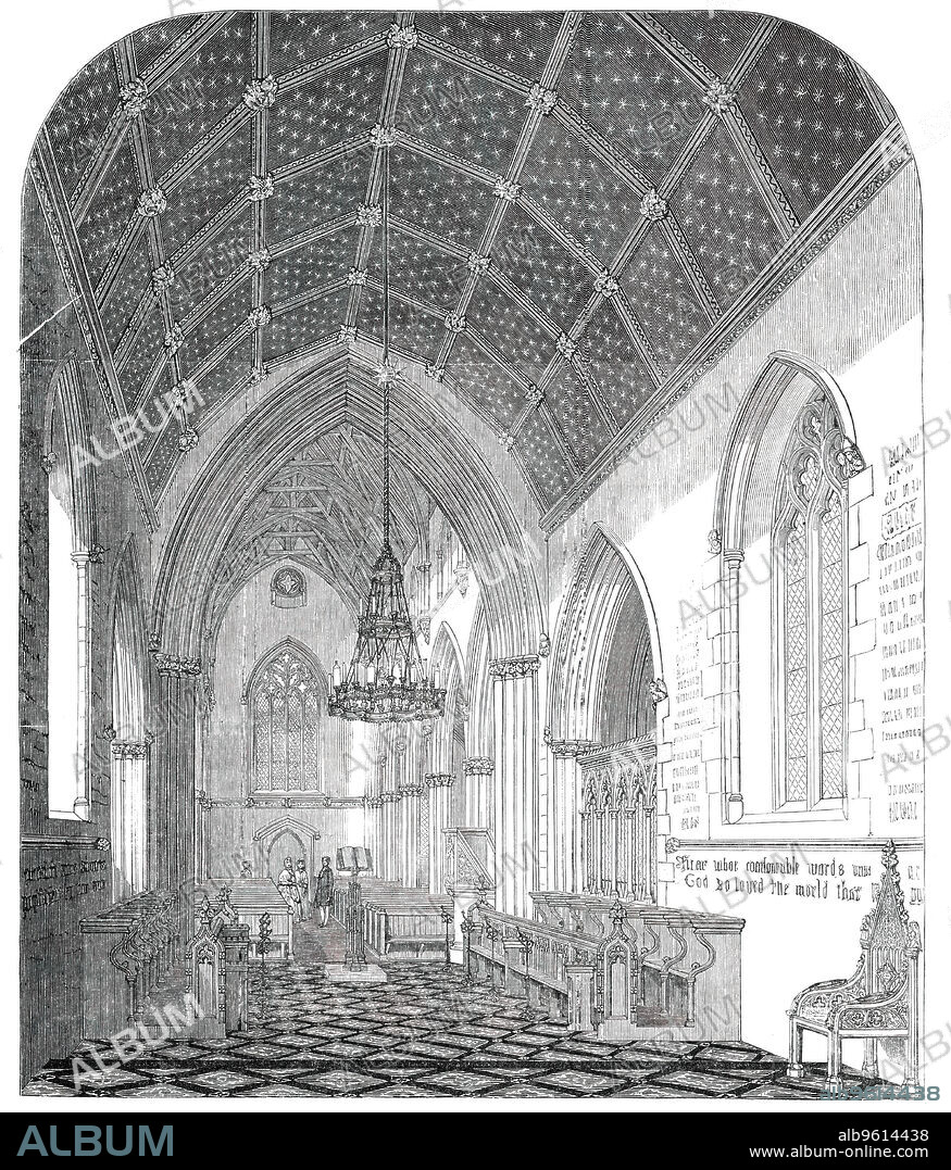 Interior of the Church of St. Stephen, Rochester-Row, Westminster, [London], 1850. 'The first stone of the Church was laid July 20, 1847...[it] has been built and endowed at the sole cost and charge of Miss Burdett Coutts...The chancel has a polygonal ceiling, divided into panels; the ribs are enriched by beautifully carved and emblazoned bosses, bearing various Christian emblems, and the panels are coloured ultra-marine and powdered with stars in gold...The beautiful decorations of the chancel ceiling, reredos, and the texts...are the work of Mr Hudson and Mr. West...The chancel is paved with Minton's encaustic tiles...Mr. Ferrey, of Charing-cross, is the architect, to whom the merit of having designed this beautiful Church belongs; and Messrs. Rigby, of Holy well-street, are the contractors'. From "Illustrated London News", 1850.