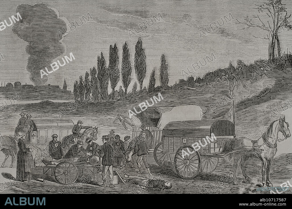 Guerra Franco-Prusiana (1870-1871). Enterramiento de los muertos por las ambulancias. Grabado. "Historia de la Guerra de Francia y Prusia". Tomo II. Publicado en Barcelona, 1871.