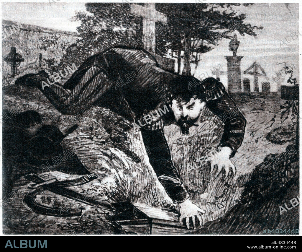 Francois BERTRAND (1823-1878) le profanaterur de sepultures deterrant un cercueil. Illustration anonyme reprise dans Detective du 3septembre 1936. Credit : Collection Kharbine-Tapabor.