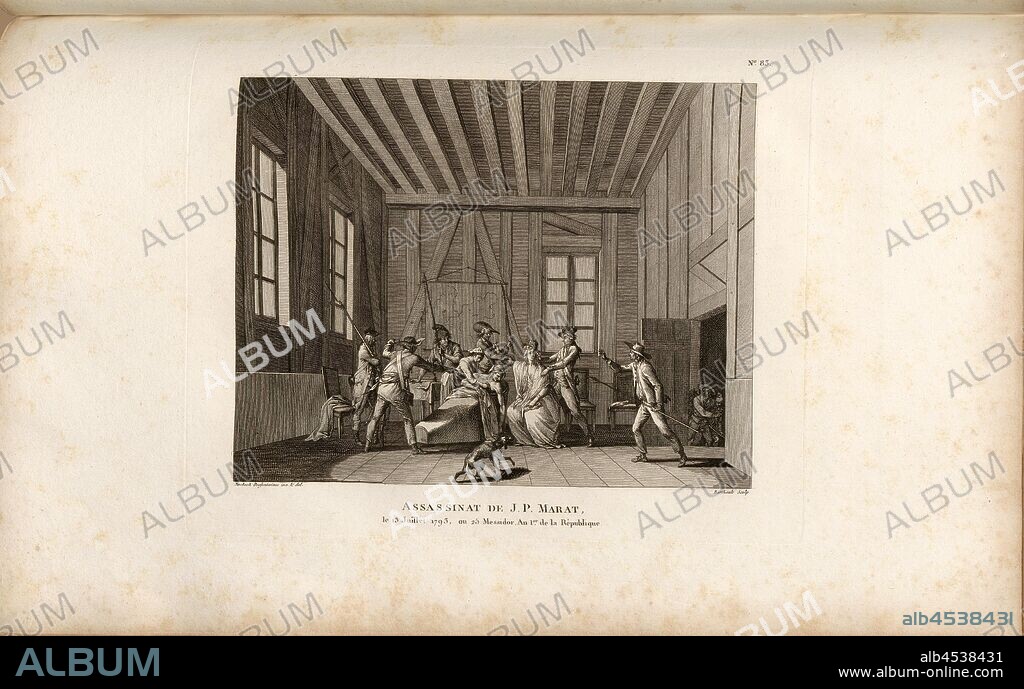 Assassination of J. P. Marat, July 13, 1793, or 25 Messidor, Year 1 of the Republic, Assassination of Jean Paul Marat on July 13, 1793 in the bathroom, signed: Sweebach Desfontaines inv. Et del, Berthault sculp, Fig. 16, no. 83, to p. 336 (Quatre-vingt-troisième tableau), Swebach de Fontaine, Jacques François Joseph (inv. et del.); Berthault, Pierre-Gabriel (sc.), Collection complète des tableaux historiques de la Révolution française en trois volumes [...]. Bd. 2. A Paris: chez Auber, Editeur, et seul Propriétaire: de l'Imprimerie de Pierre Didot l'aîné, an XI de la République Francçaise M. DCCCII.
