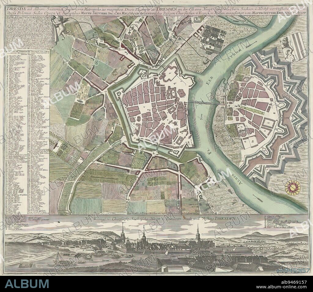 Map of and view of Dresden, Dresda ad Albim Saxoniae superioris metropolis, ac magnifica (...) (title on object), print maker: anonymous, Matthaeus Seutter (III), (mentioned on object), publisher: Matthaeus Seutter (III), (mentioned on object), Augsburg, 1707 - 1757, paper, etching, height 496 mm × width 569 mm.