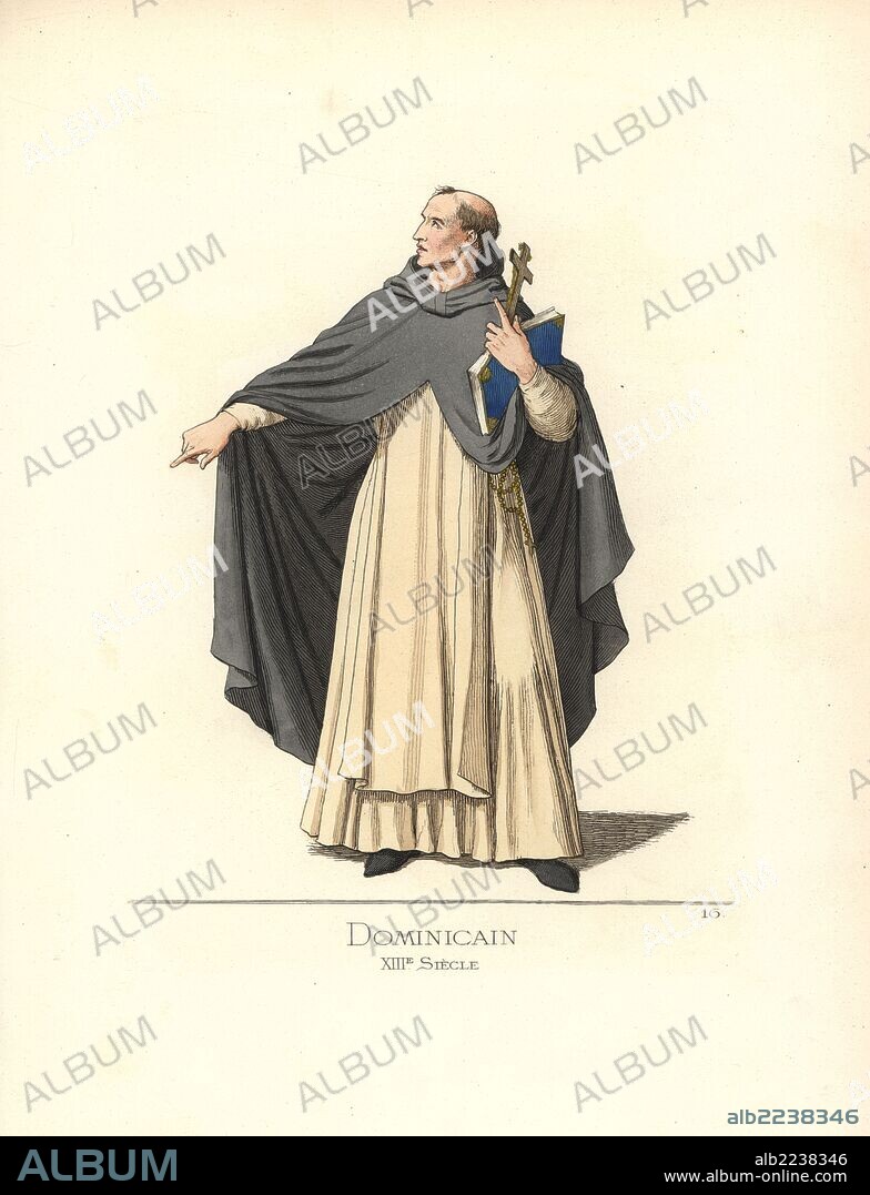Munio of Zamora, Dominican monk, 13th century. He wears a vestment of cape, scapular, tunic and shoes. From a mosaic gravestone to Munio of Zamora, seventh Master of the Order of Preachers, in the church of Santa Sabina in Rome. Handcoloured illustration drawn and lithographed by Paul Mercuri with text by Camille Bonnard from "Historical Costumes from the 12th to 15th Centuries," Levy Fils, Paris, 1860.